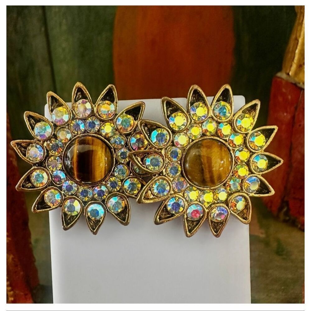 Tiger’s Eye Sunburst Earrings Gold Tone Rhinestone